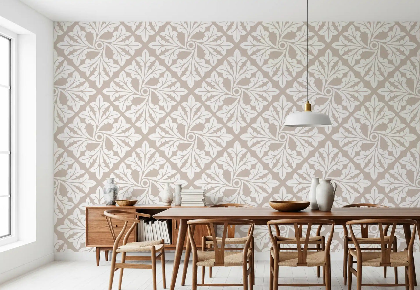 Beige Acanthus Leaf Damask Wallpaper⁠