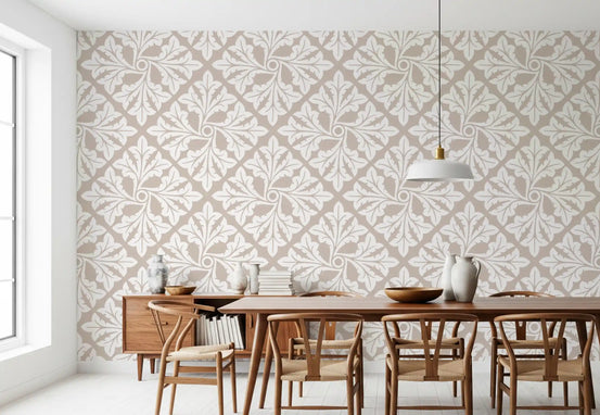 Damask acanthus leaves in beige cross the wallpaper in a calm dining room GD11963