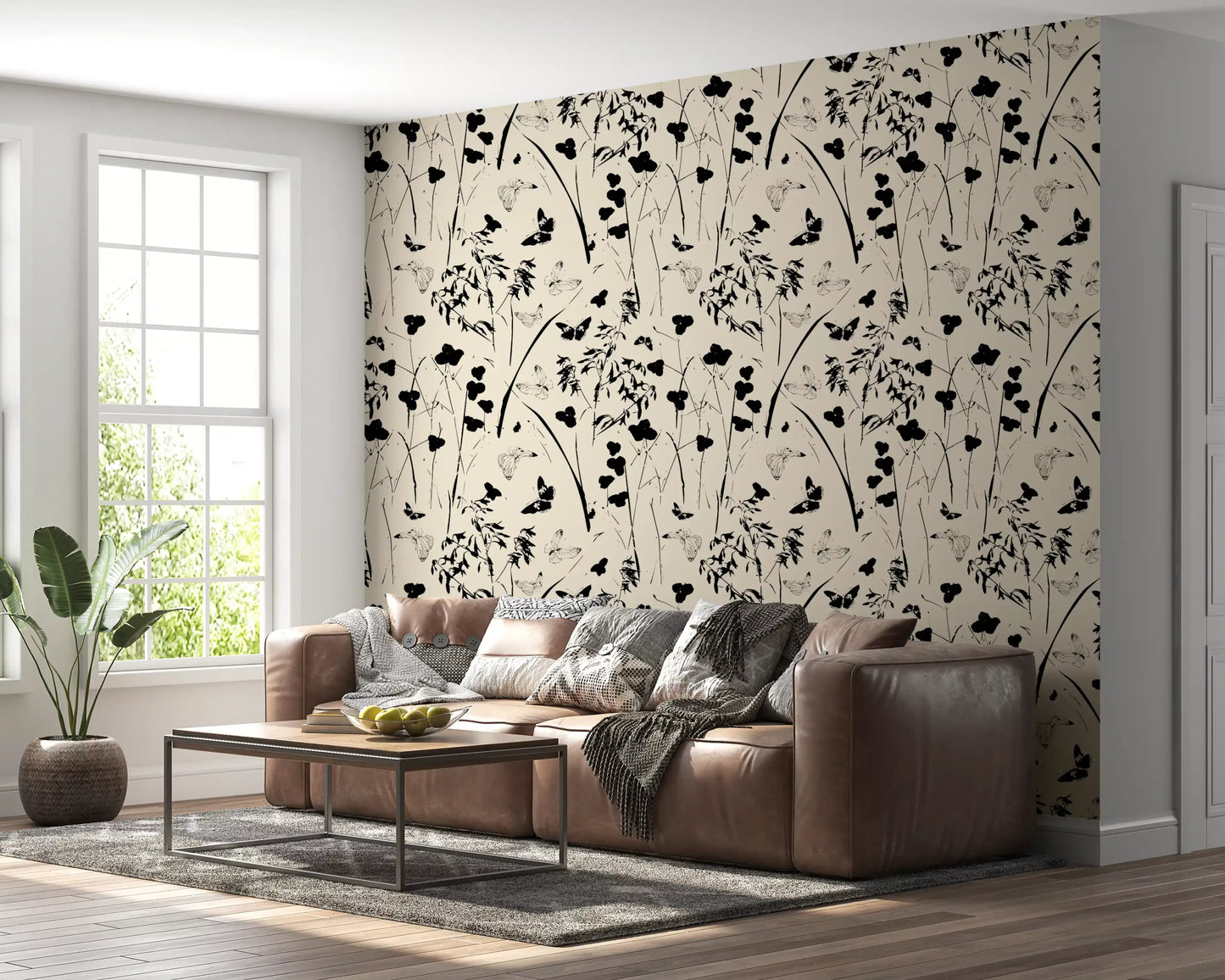 Silhouette Meadow and Butterfly Print Wallpaper⁠