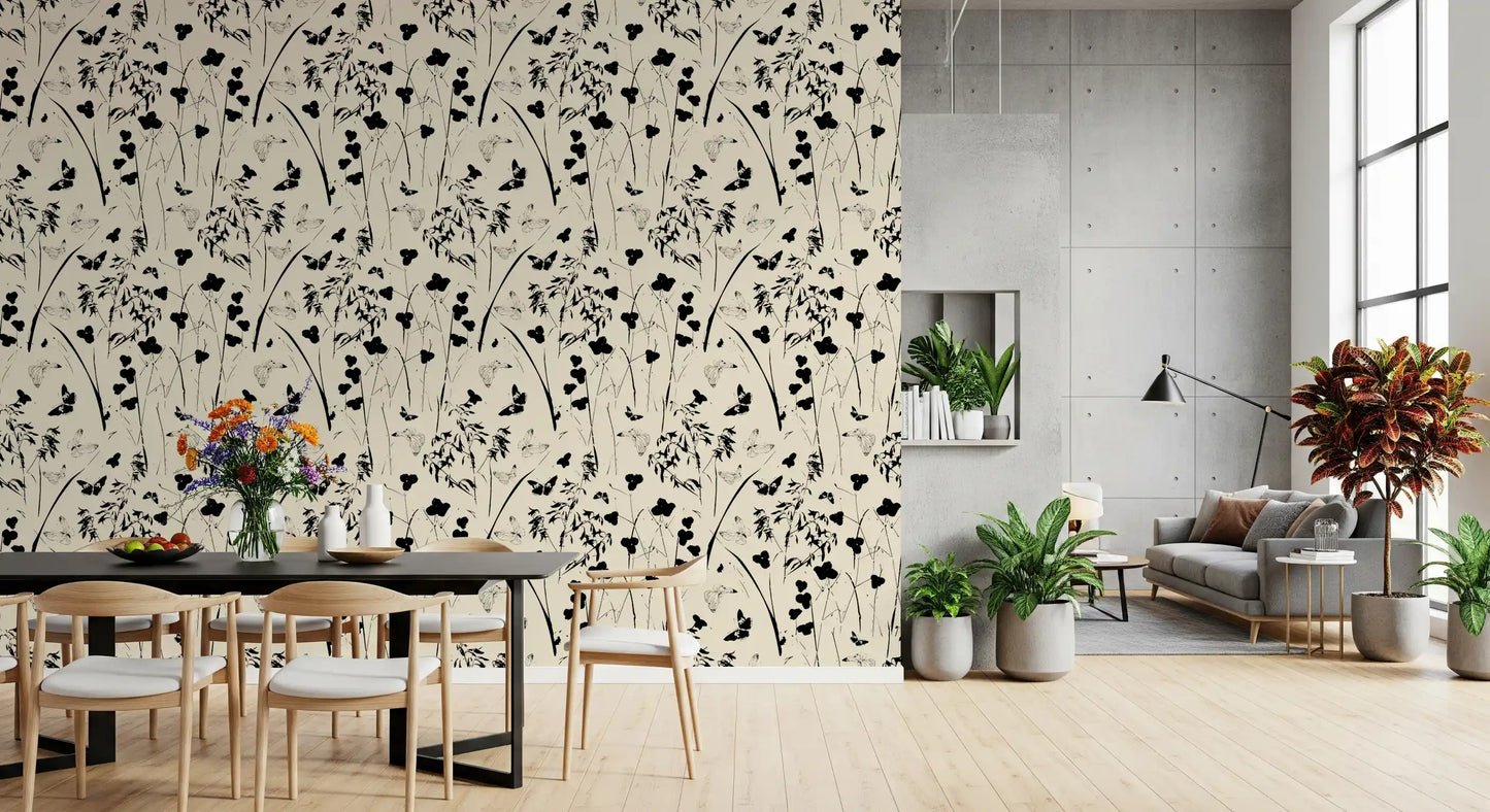 Silhouette Meadow and Butterfly Print Wallpaper⁠