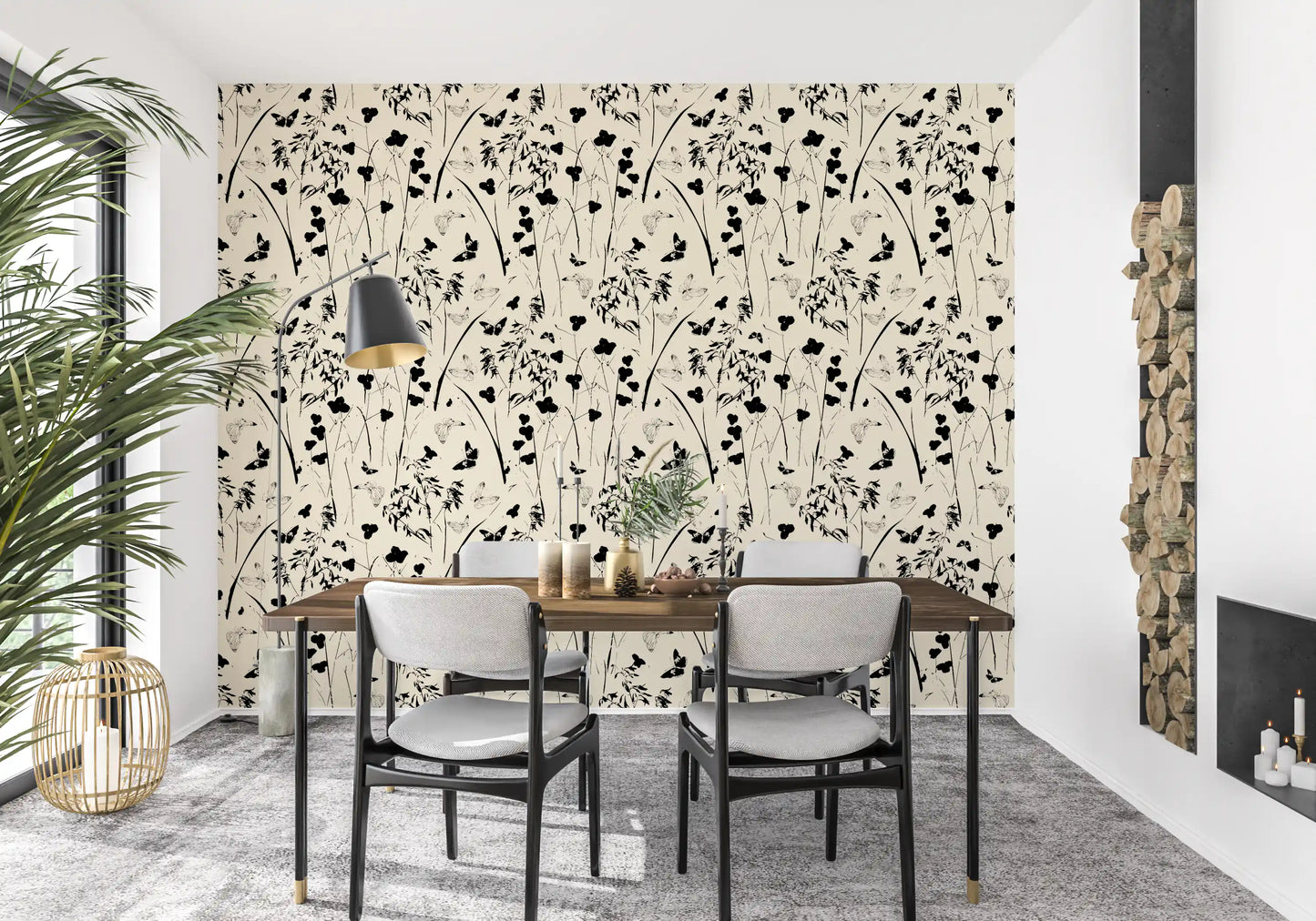 Silhouette Meadow and Butterfly Print Wallpaper⁠