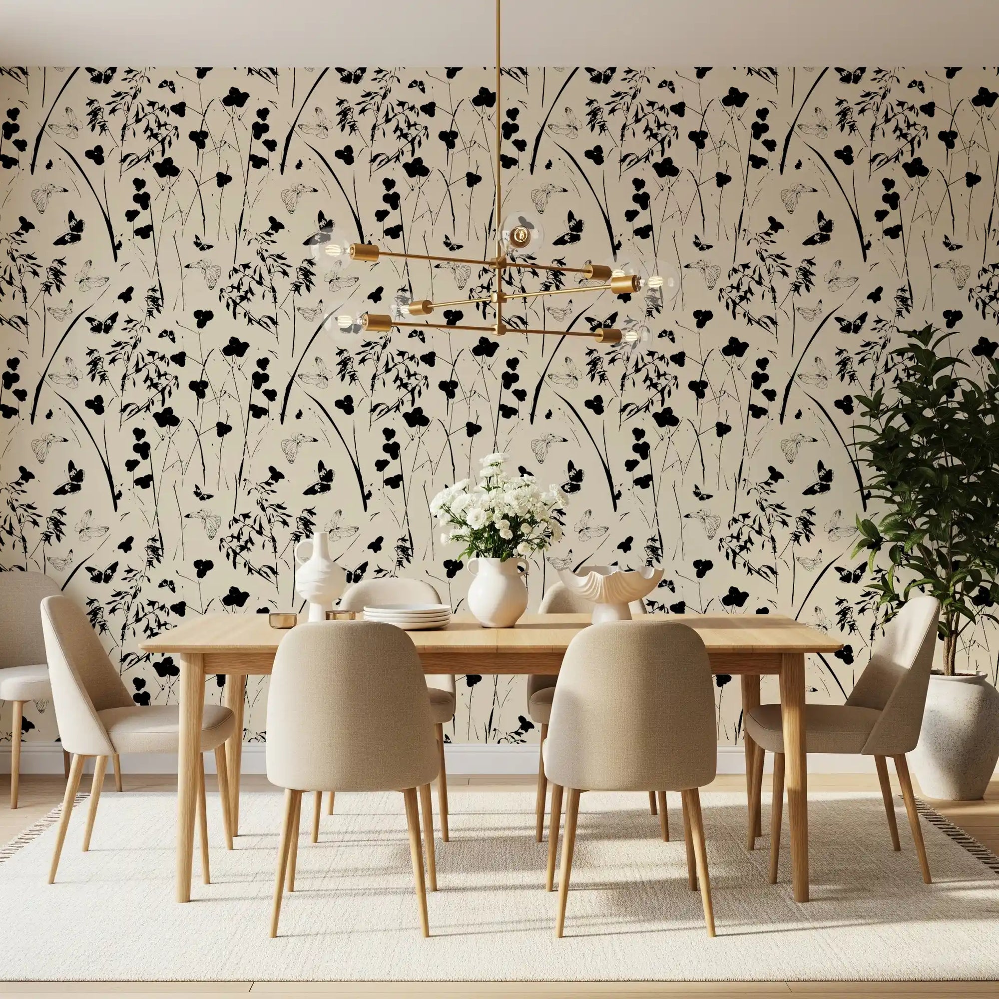 Silhouette meadow grasses frame a dining room backdrop in matte wallpaper GD11965