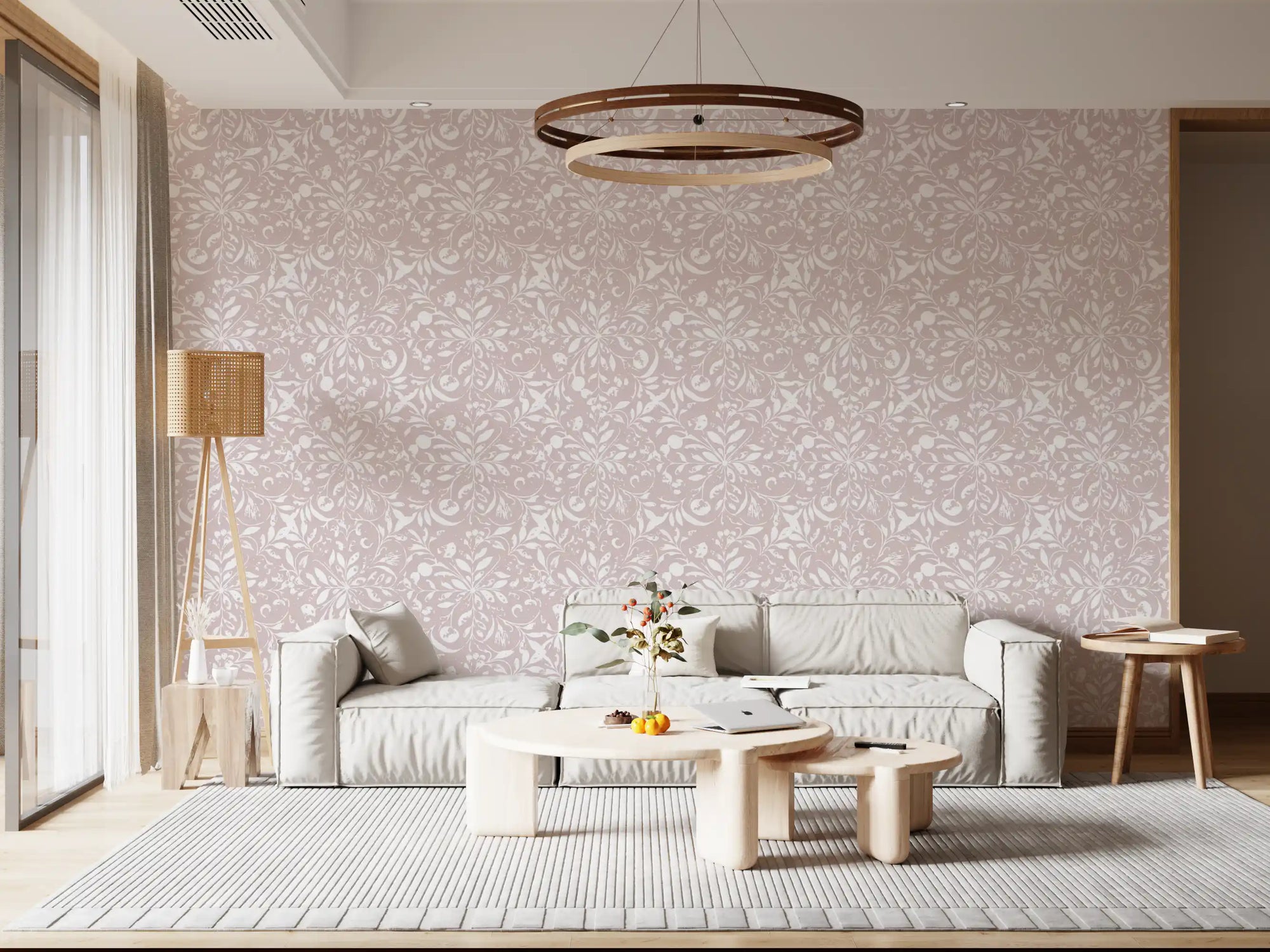 Blush Flora Motif wallpaper spreads white botanicals behind a living room GD11967