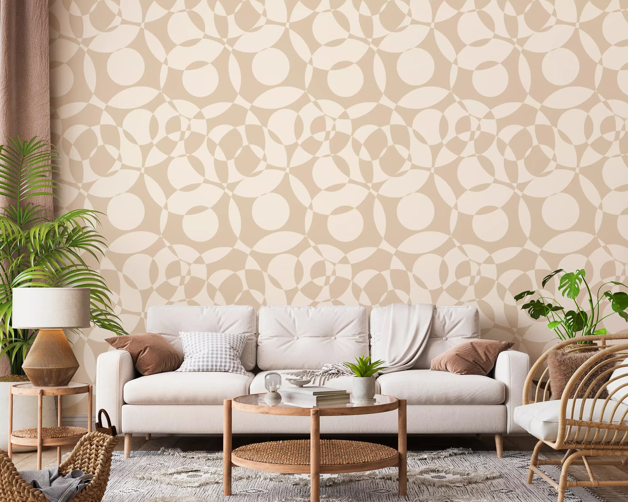 Living room feature in beige, Neutral Interplay wallpaper of overlapping circles GD11971