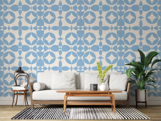 Wallpaper in a blue circle grid lifts a minimalist living room corner GD11973