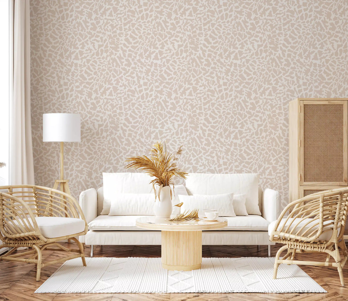 Wallpaper in tonal zebra beige spanning a calm living room feature GD11975