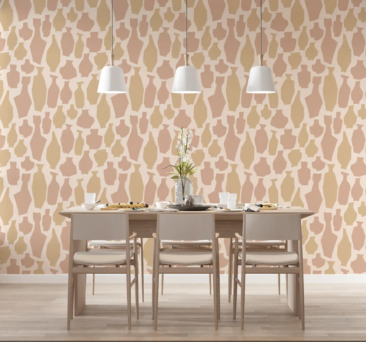Terracotta vase motif wallpaper warms a dining room over a cream ground GD11981