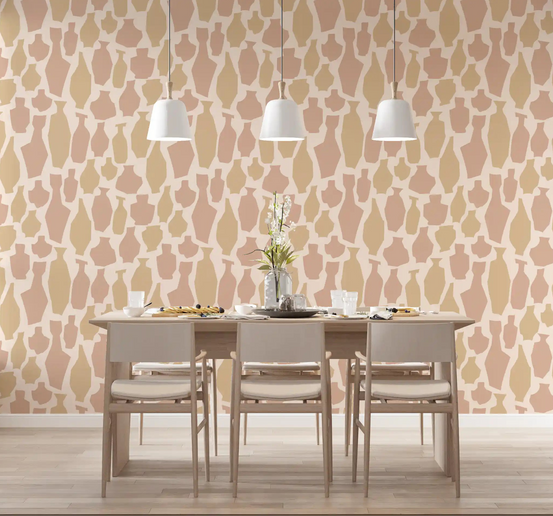 Terracotta vase motif wallpaper warms a dining room over a cream ground GD11981