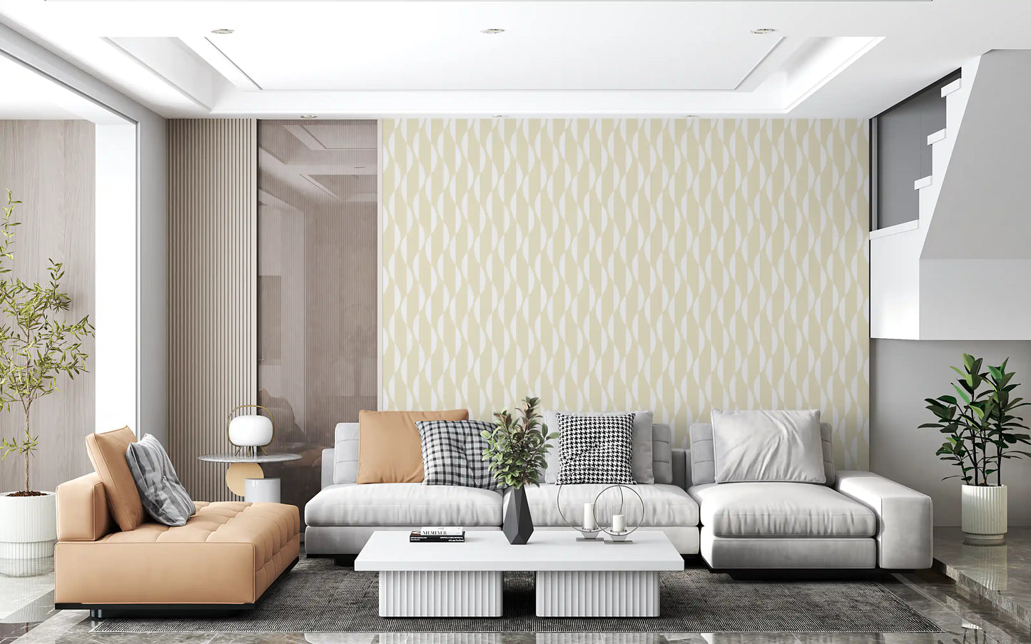 Cream and White Wavy Line Geometry Wallpaper⁠