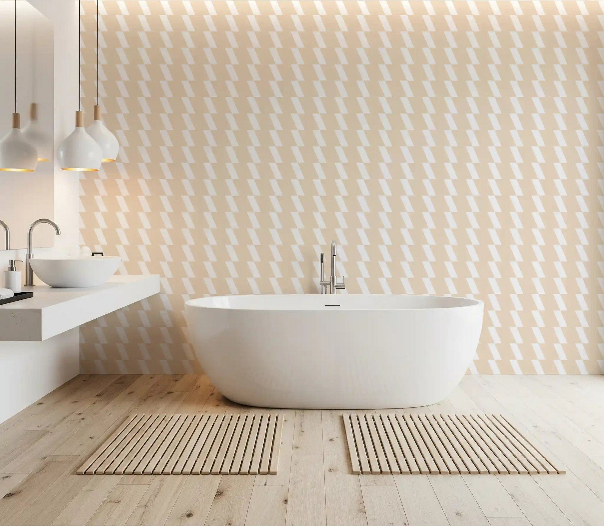 Abstract Cream Diagonal wallpaper flowing bands behind a calm bathroom GD11986