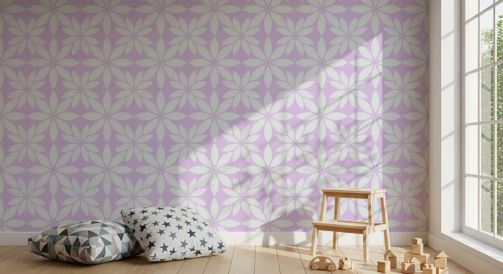 Calm lilac lifts a kids nursery area, white petal lattice wallpaper on display, GD11987