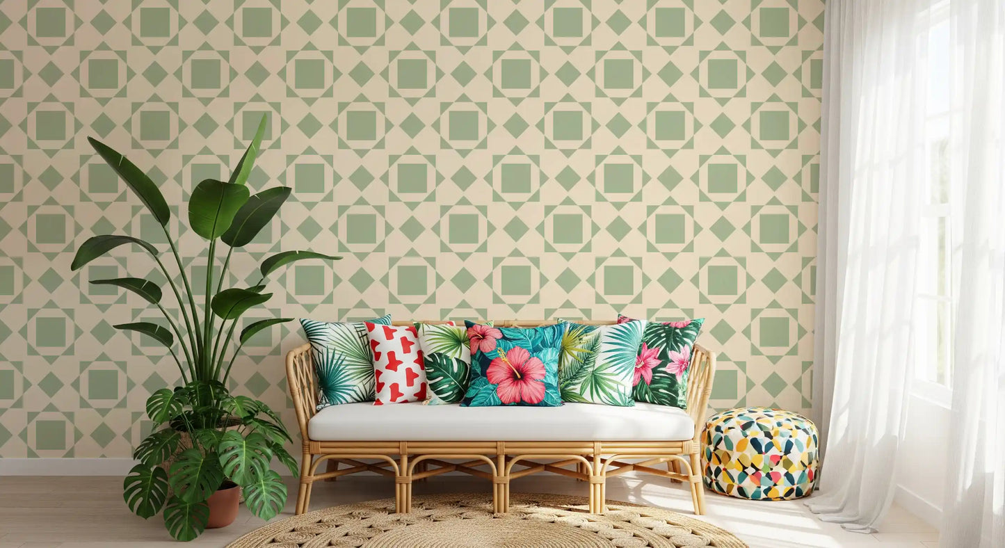 Sage Geometric Interlocking Squares Wallpaper⁠
