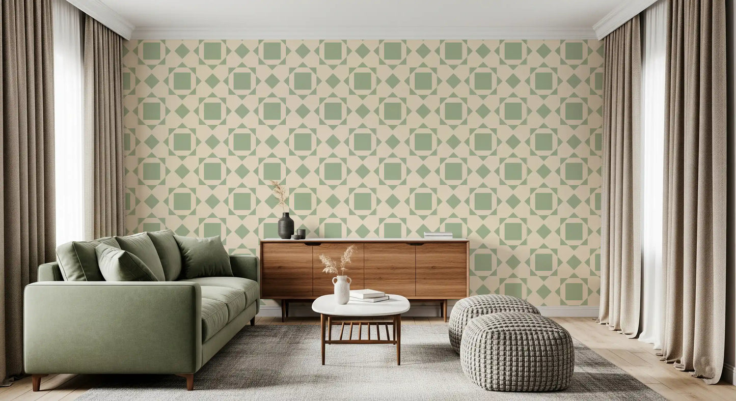 Sage Geometric Interlocking Squares Wallpaper⁠