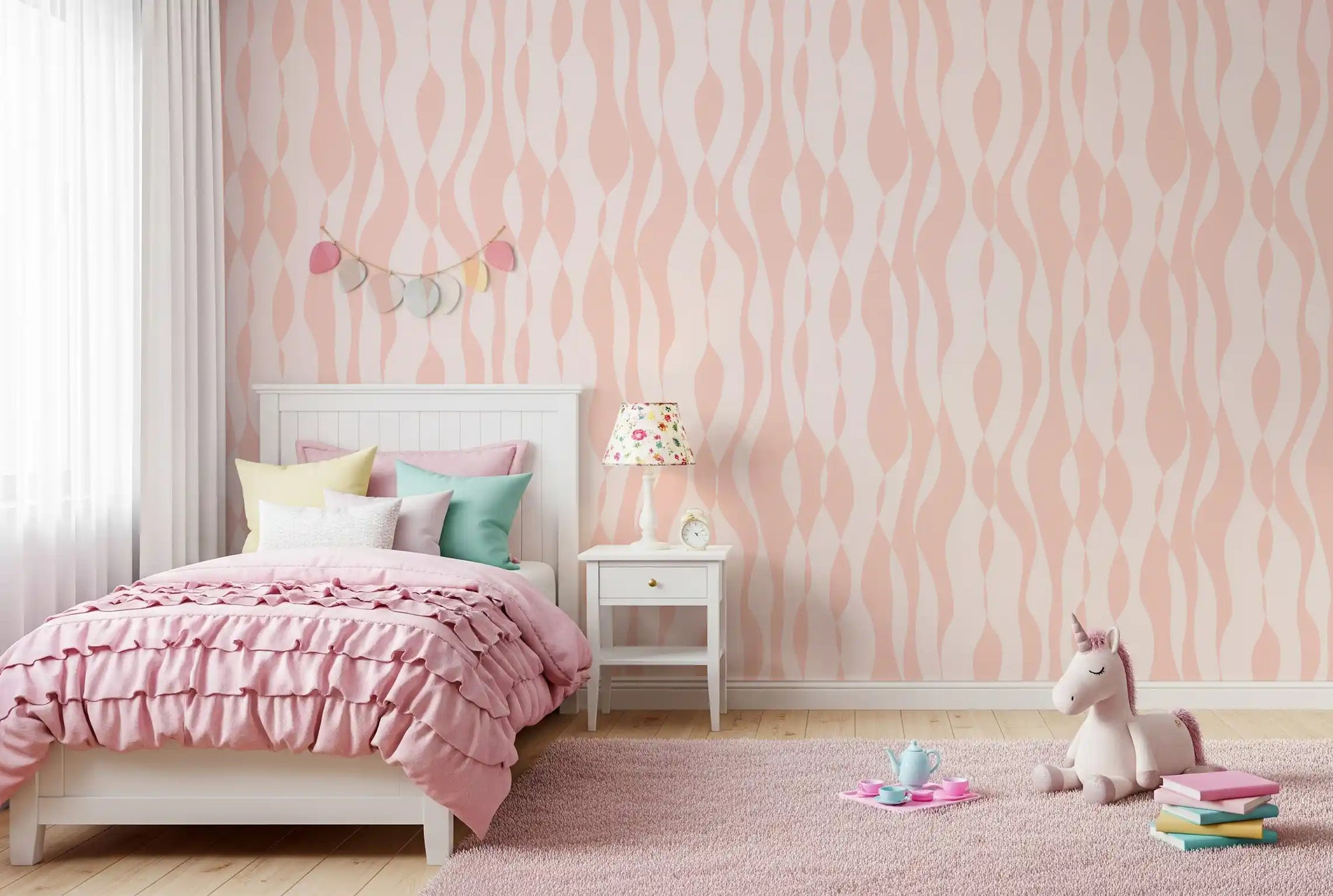 Playful blush flowing lines wallpaper sweeps across a kids' room GD11994