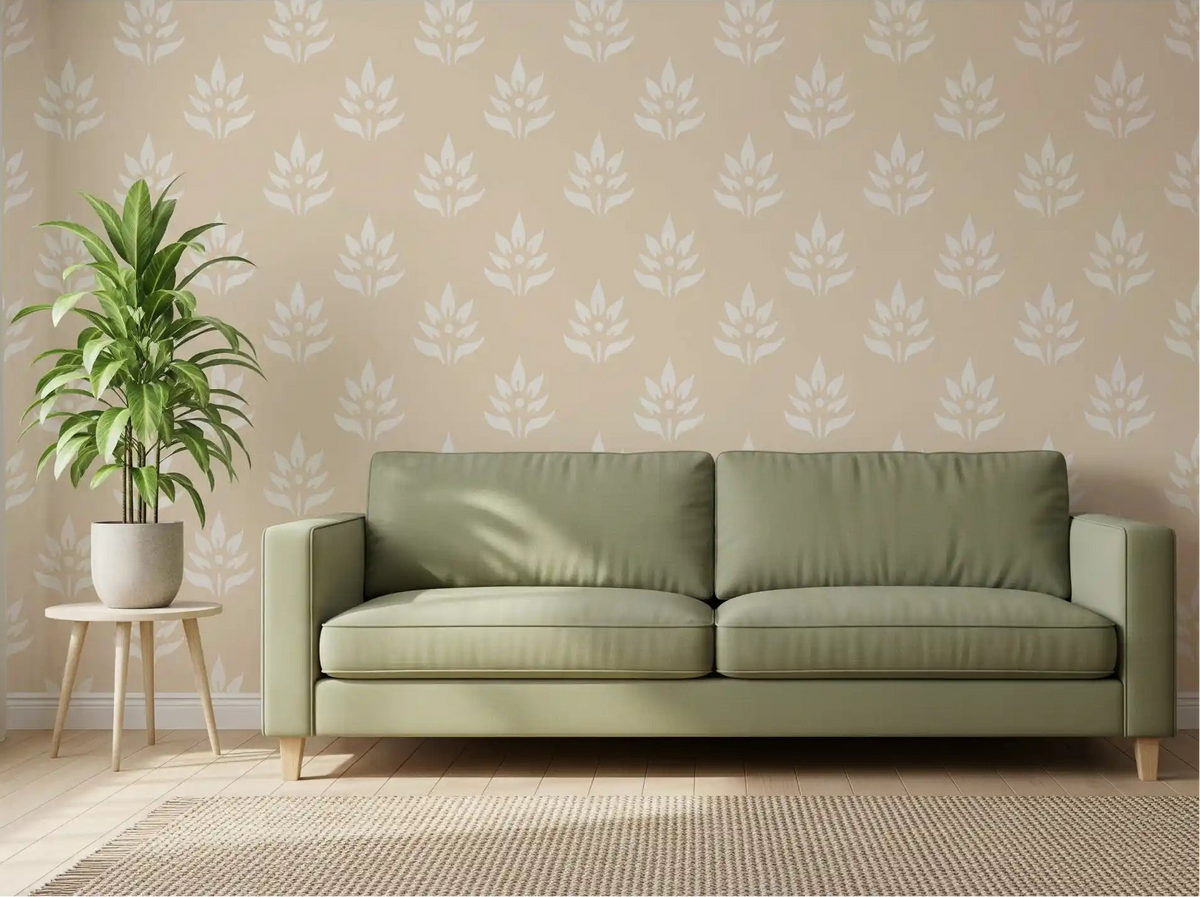 Wallpaper with ivory botanical sprigs sets a calm living room backdrop GD11999
