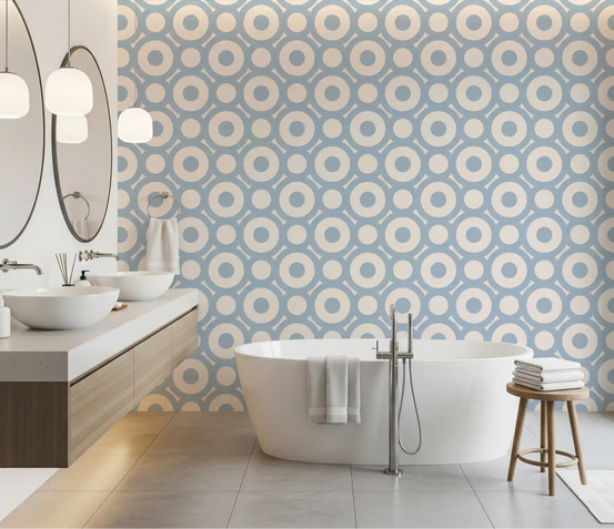 Geometric Circle Lattice wallpaper set across a bathroom feature GD12002