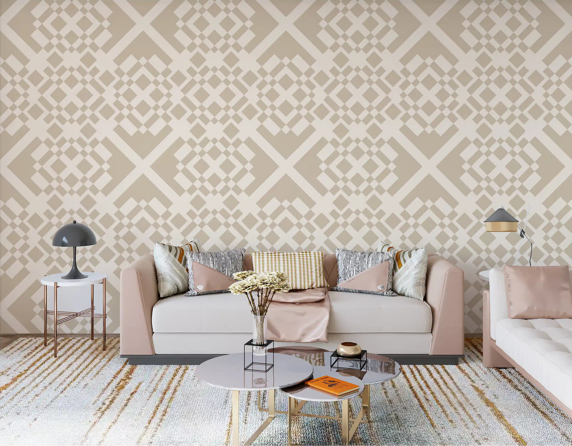 Wallpaper in a beige lattice pattern gives a Living room a calm backdrop GD12004
