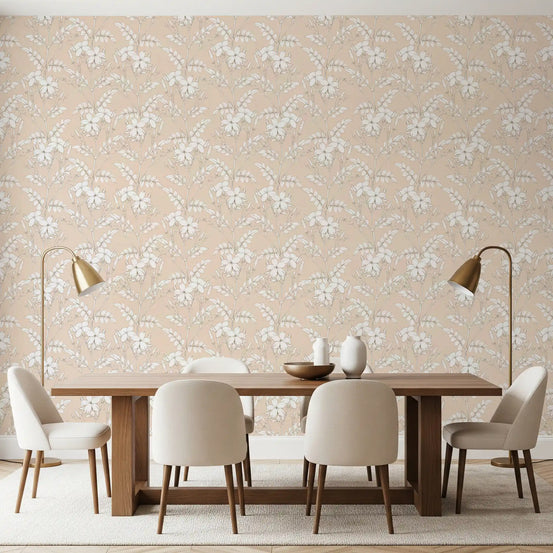 Wallpaper in minimalist botanical linework warms a calm dining room, GD12005