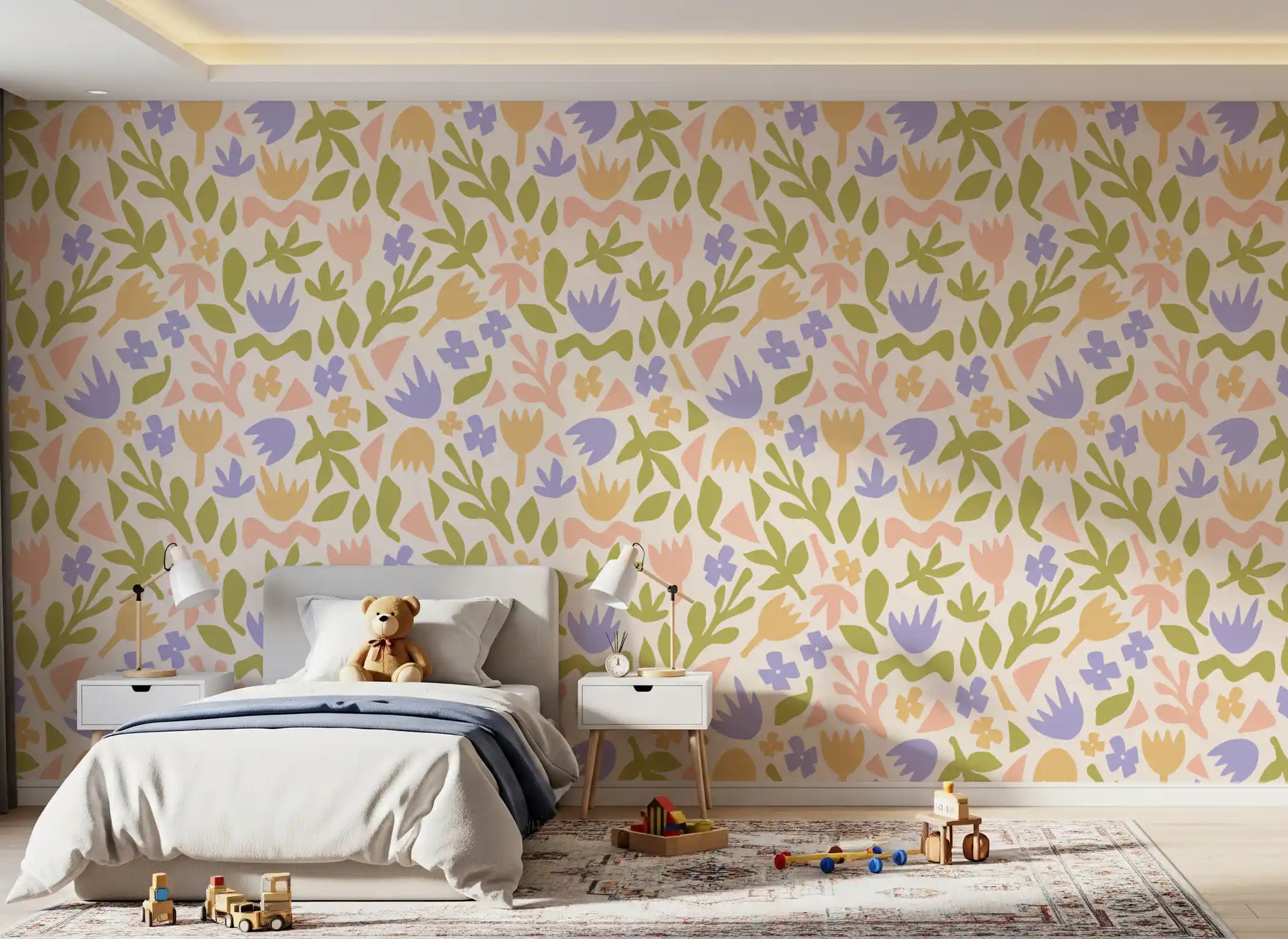 Tulip and leaf shapes add cheer to a kids' room in this wallpaper GD12006