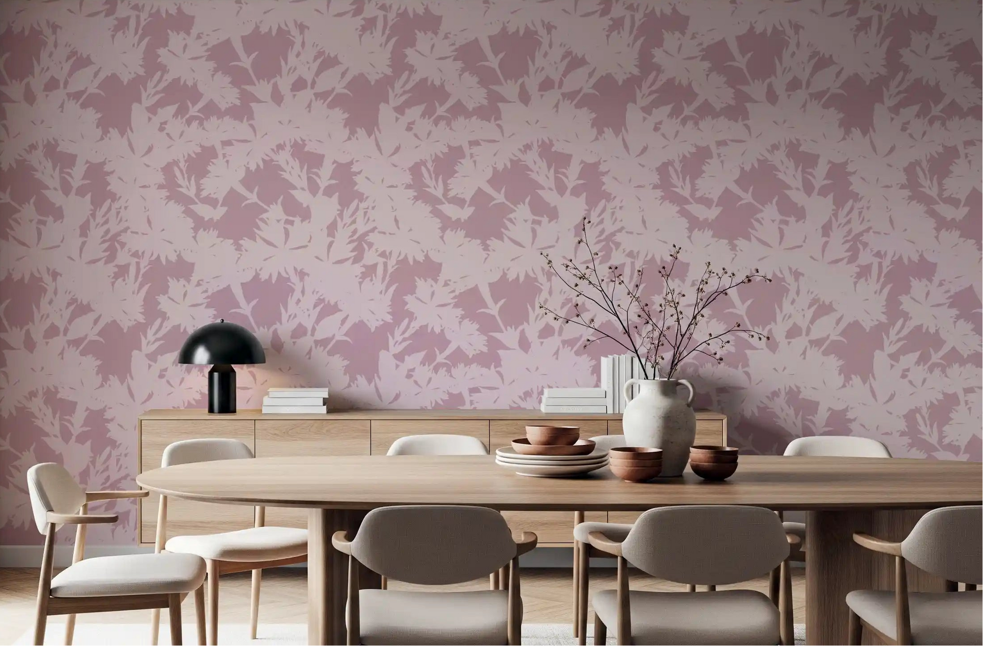 Dining room styled in blush botanical silhouette wallpaper, GD12010
