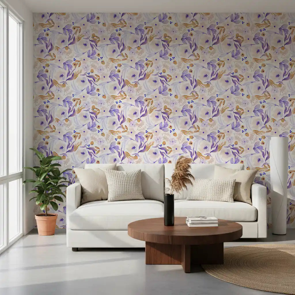 Living room styled with the Lavender Gold Botanical Bloom wallpaper on cream GD12017