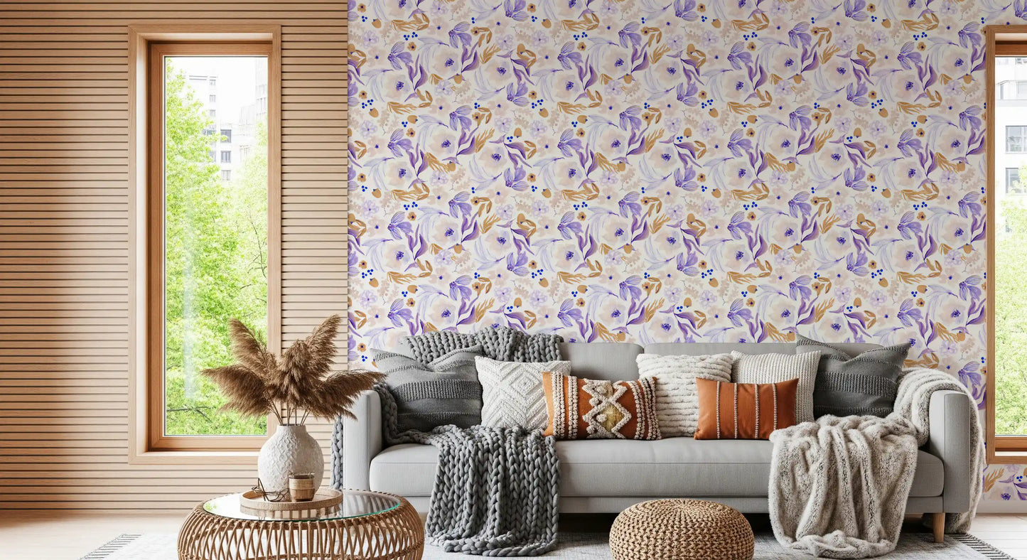 Lavender and Gold Botanical Bloom Wallpaper⁠
