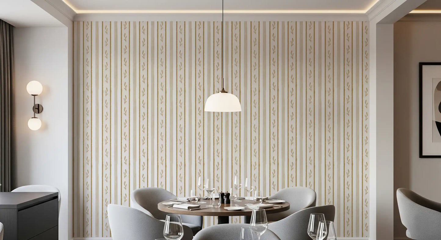 Golden Leaf Striped Botanical Wallpaper⁠