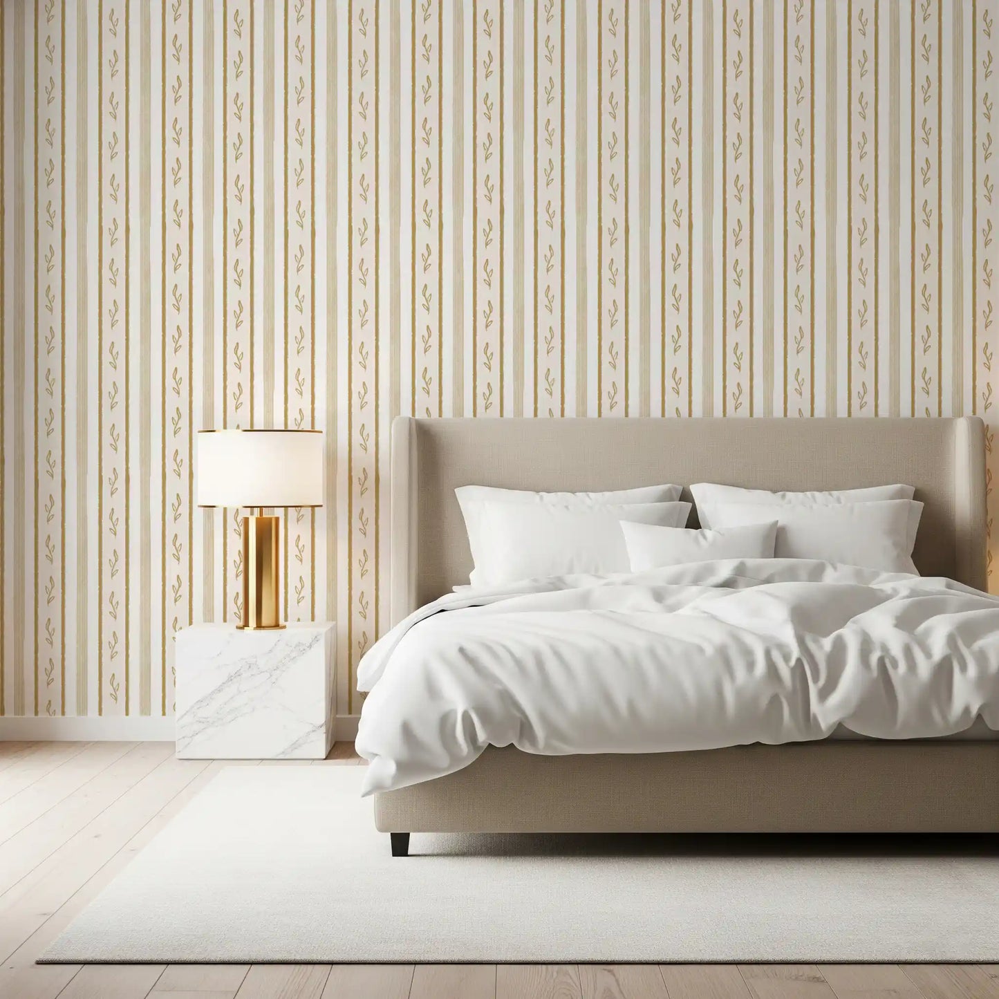 Golden Leaf Striped Botanical Wallpaper⁠