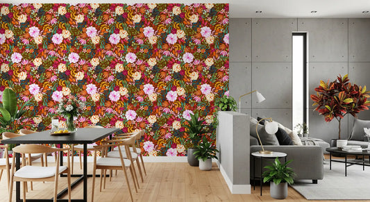 Vivid Hand-Painted Garden Wallpaper⁠