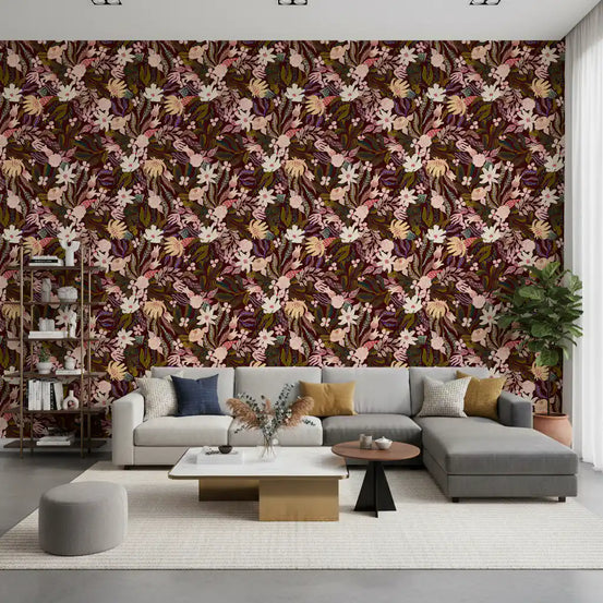 Midnight Botanical Garden wallpaper warms a relaxed living room GD12026