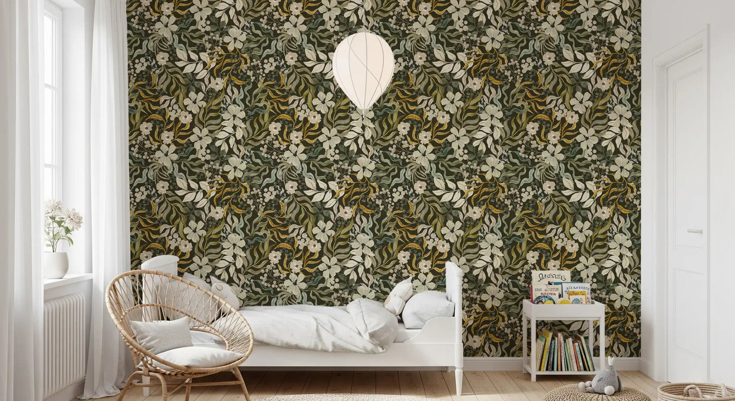 Rustic Cream and Sage Leaf Illustration Wallpaper⁠