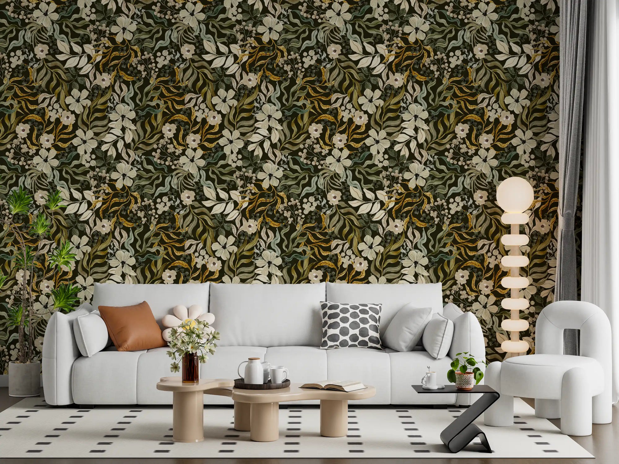 Rustic Cream and Sage Leaf wallpaper framing a living room feature, GD12028