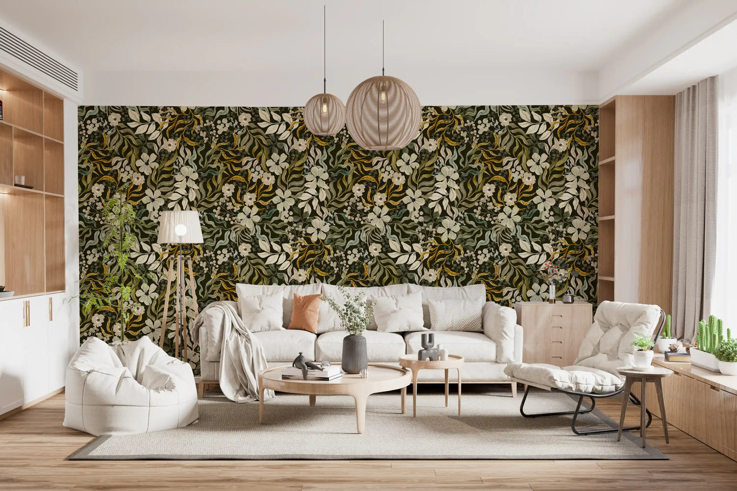 Rustic Cream and Sage Leaf Illustration Wallpaper⁠