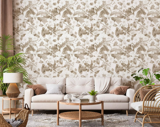 Living room styled with Vintage Botanical Sepia Bloom wallpaper in warm tones GD12029
