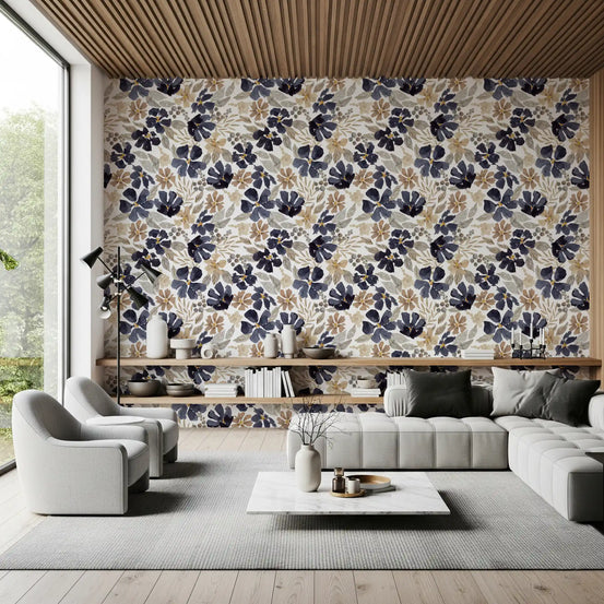 Indigo Garden Sketch wallpaper spreading navy blooms across a living room GD12031