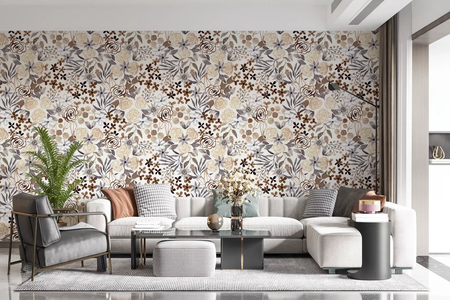 Rustic Sepia Floral Field Wallpaper⁠