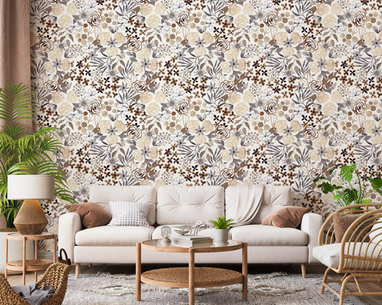 Cream roses and grey leaves fill a living room feature in sepia floral wallpaper GD12036
