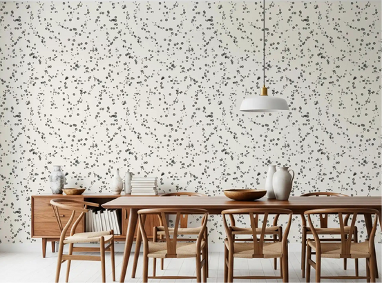 Black ink dots on wallpaper give a dining room a contemporary edge GD12037