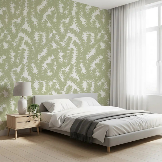 Sage fern fronds fan behind a bedroom in minimalist leaf wallpaper GD12041
