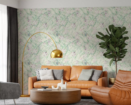 Soft Sage wallpaper spreading watercolor lilies across a calm living room, GD12042