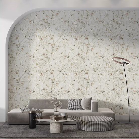 Ethereal Meadow Wildflower Sketch wallpaper set in a living room, GD12043
