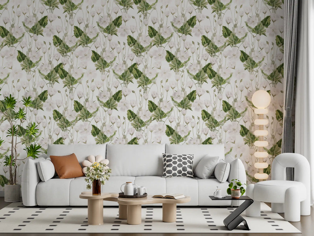 White meadow flowers on wallpaper give a living room a fresh botanical feel GD12047