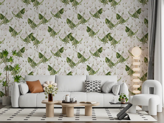 White meadow flowers on wallpaper give a living room a fresh botanical feel GD12047