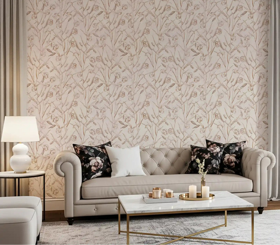 Sepia botanical tulips run behind a living room as feature wallpaper GD12051
