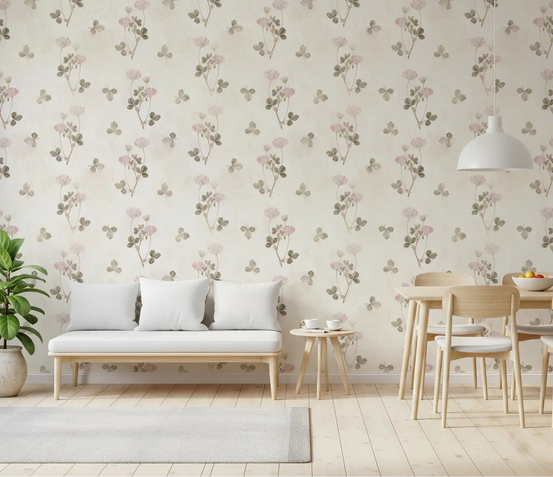 Vintage Clover wallpaper spreading pink blooms across a bright Dining room, GD12052