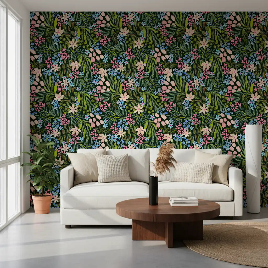 Enchanted Garden Blooms wallpaper filling a living room backdrop, GD12053