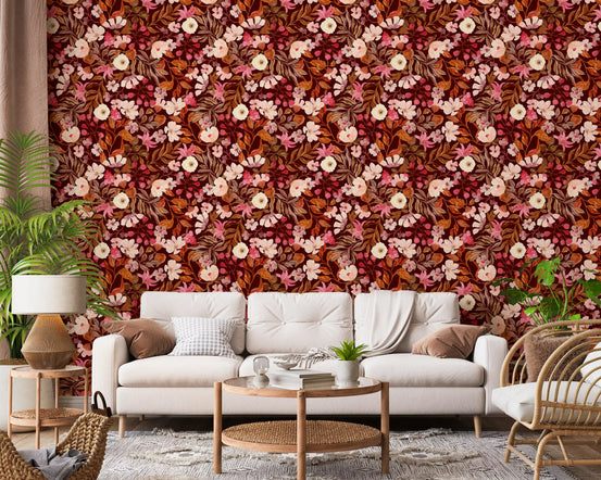 Autumn Garden Blooms wallpaper spreads burgundy florals in a living room GD12054