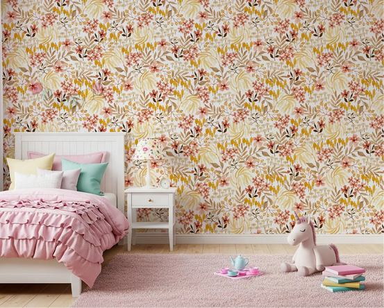 Rustic Earthy Flora wallpaper warms a calm Kids room with painterly yellow blooms GD12055