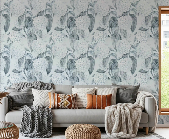 Blue hydrangea blooms spread over a living room feature in botanical wallpaper GD12056