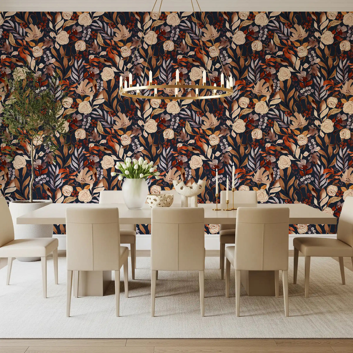 Twilight Blooms floral pattern warms a dining room as removable wallpaper GD12057